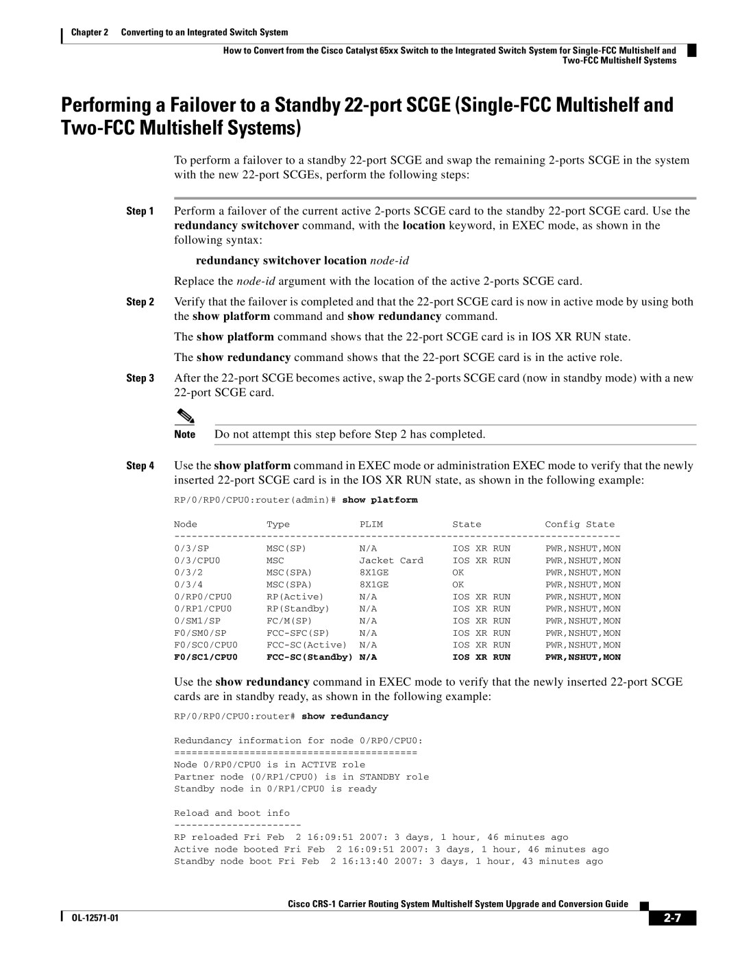 Cisco Systems CRS-1 manual Redundancy switchover location node-id 