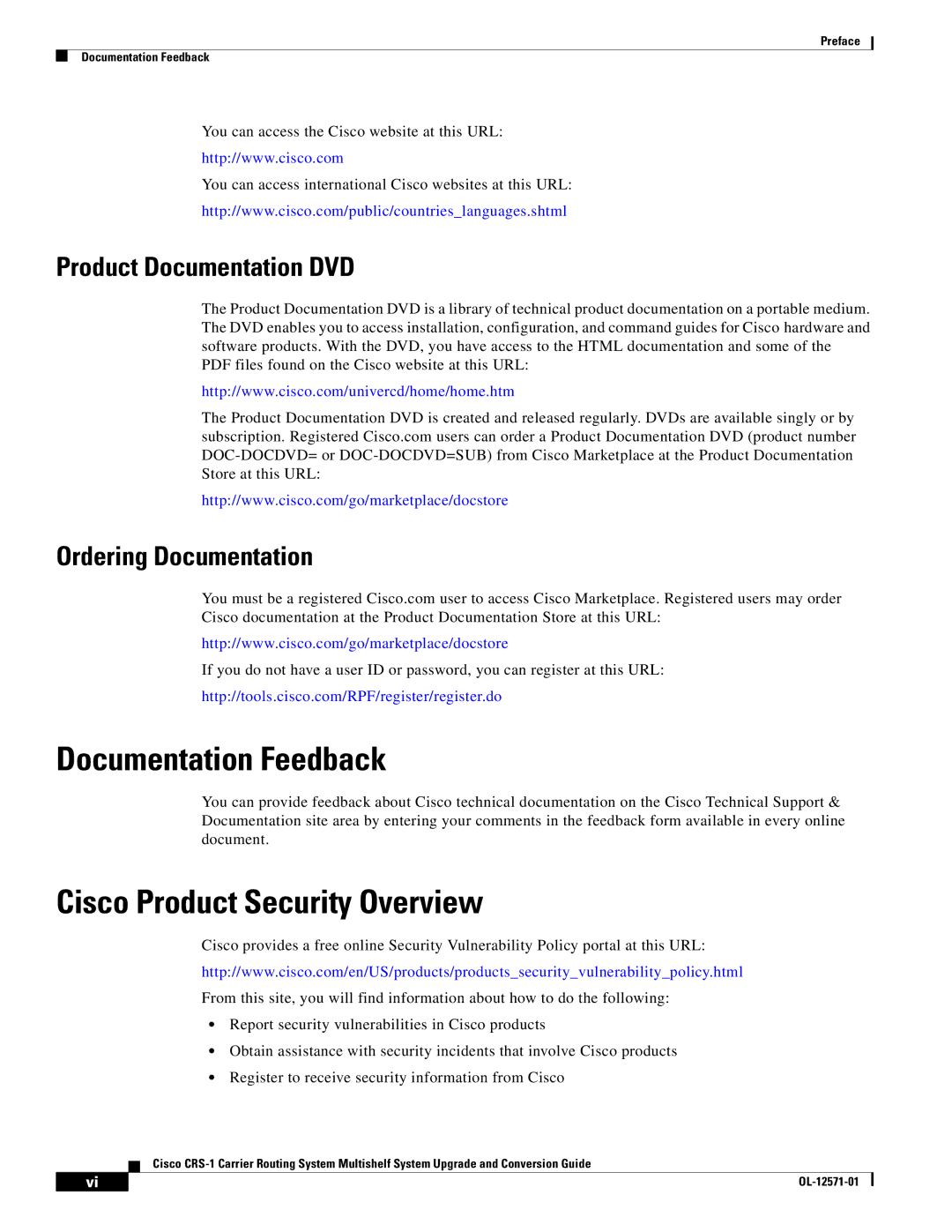 Cisco Systems CRS-1 manual Documentation Feedback, Cisco Product Security Overview 