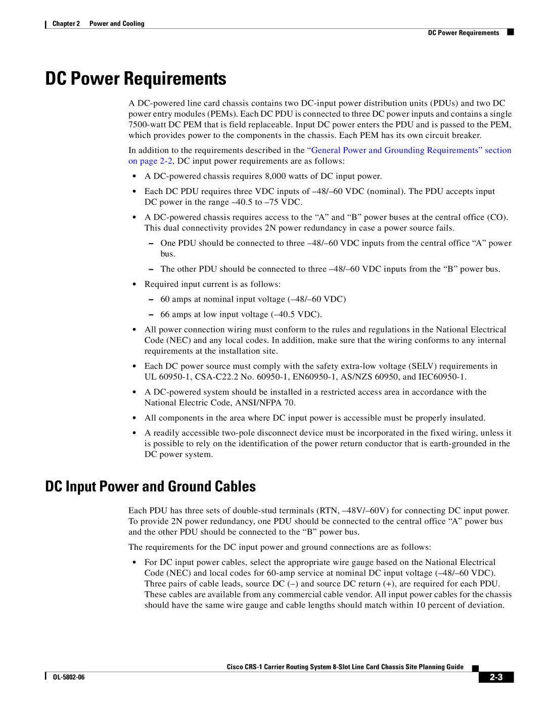 Cisco Systems CRS-1 manual DC Power Requirements, DC Input Power and Ground Cables 