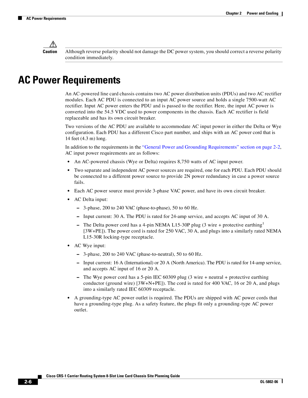 Cisco Systems CRS-1 manual AC Power Requirements 