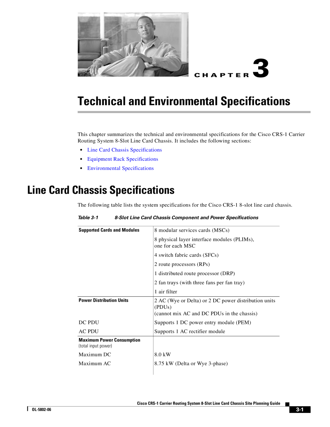 Cisco Systems CRS-1 manual Technical and Environmental Specifications, Line Card Chassis Specifications 