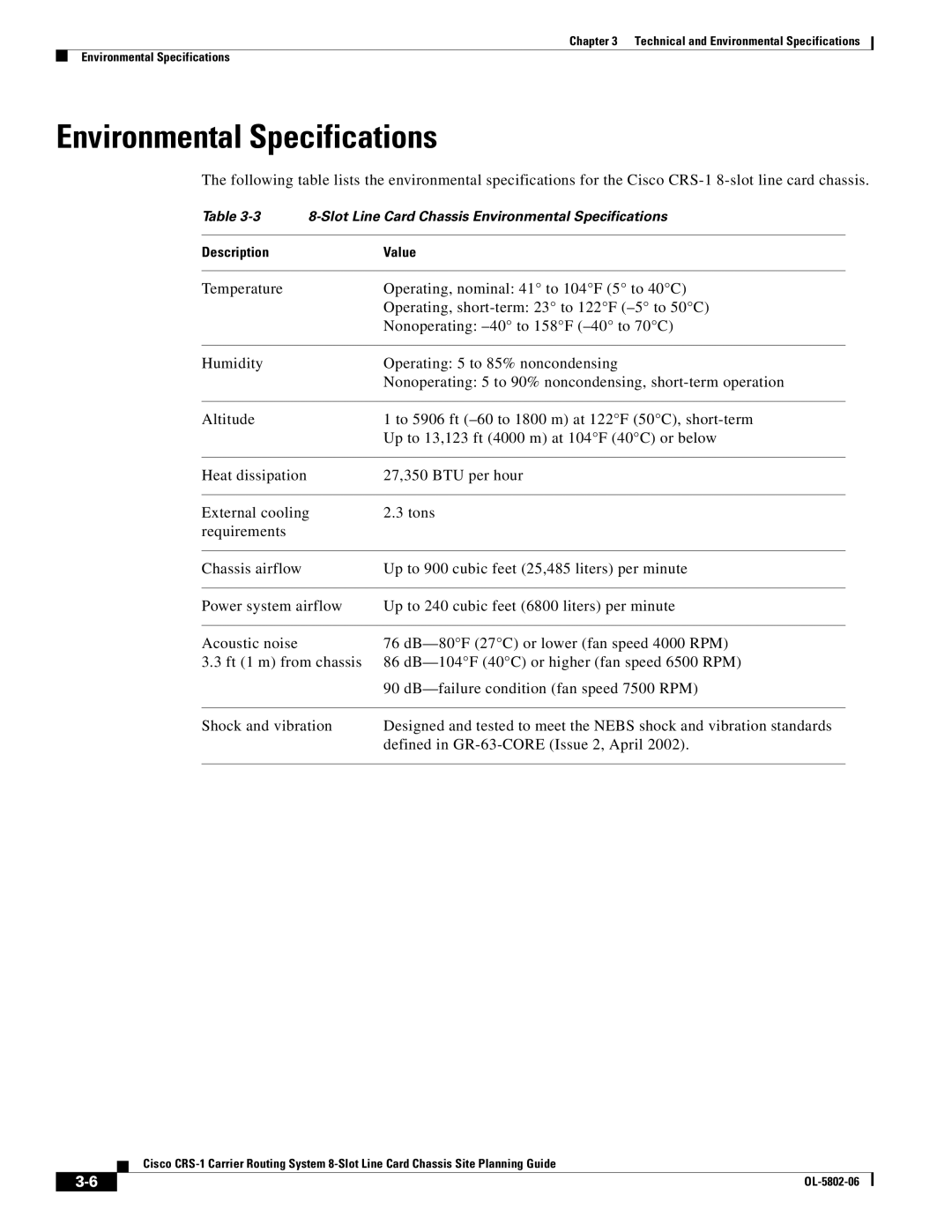 Cisco Systems CRS-1 manual Environmental Specifications 