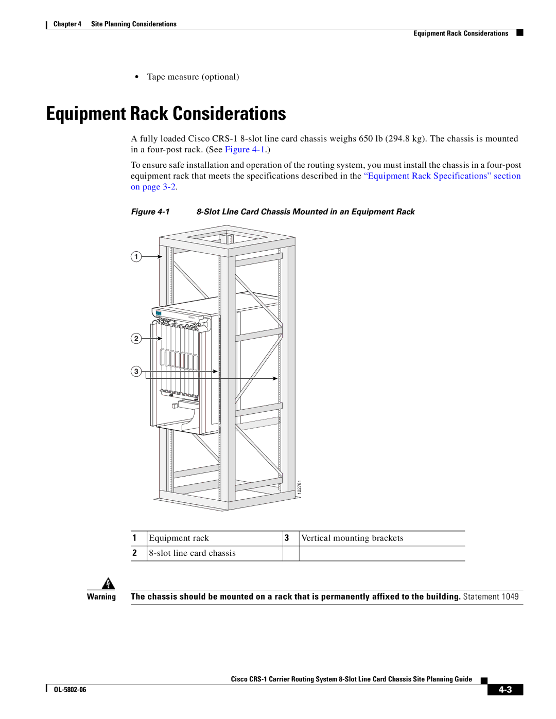 Cisco Systems CRS-1 manual Equipment Rack Considerations, Equipment rack Vertical mounting brackets 