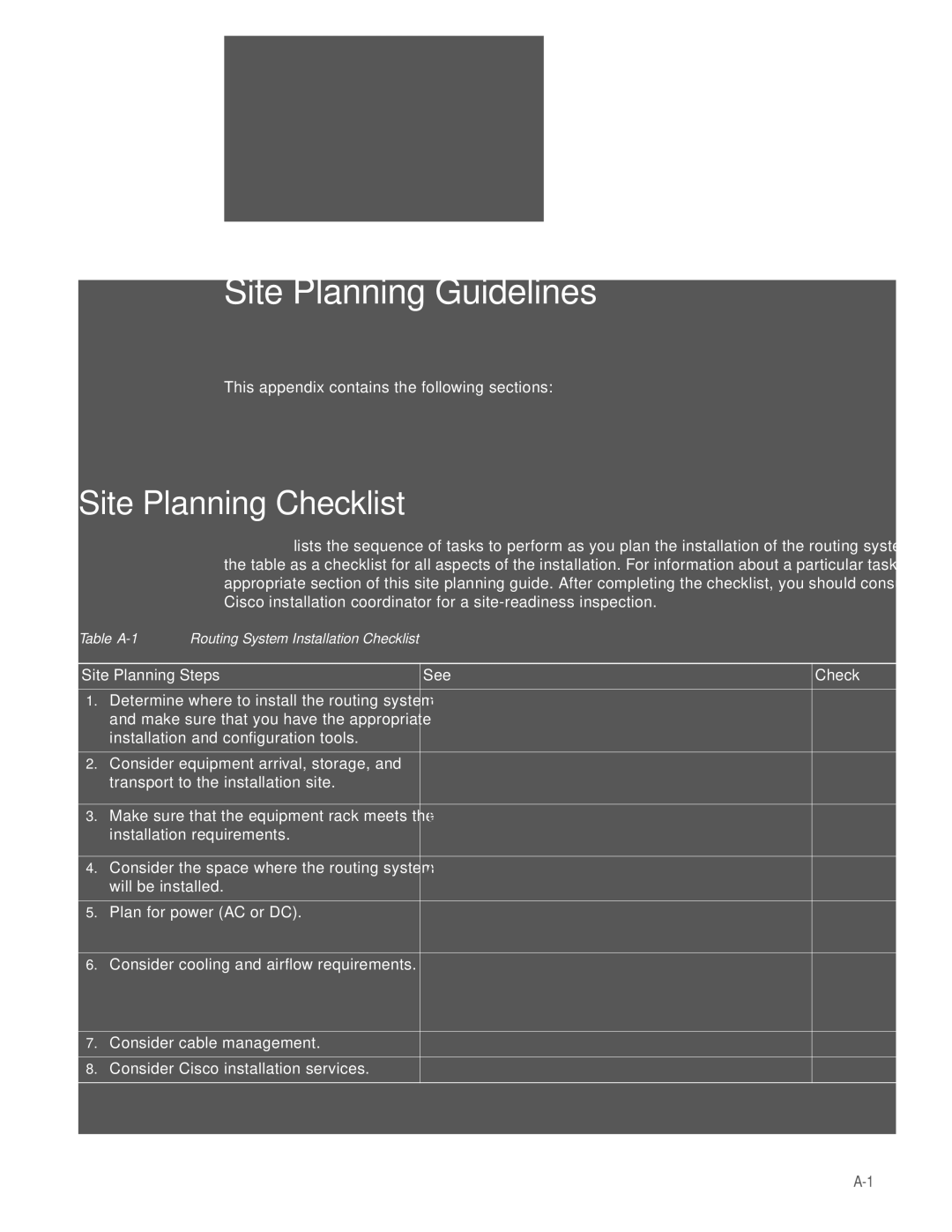 Cisco Systems CRS-1 manual Site Planning Guidelines, Site Planning Checklist 