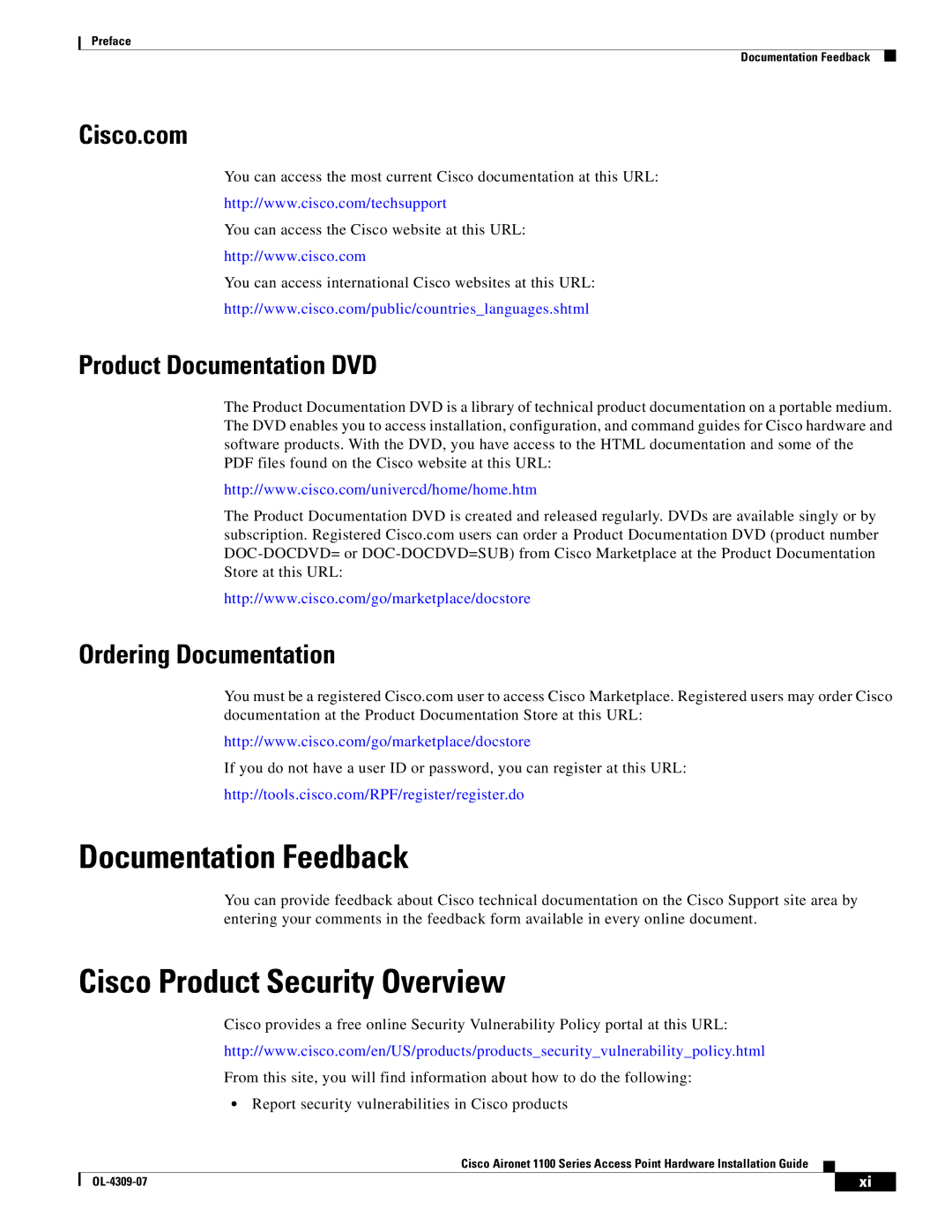 Cisco Systems CSACS1121K9 manual Documentation Feedback, Cisco Product Security Overview, Cisco.com 