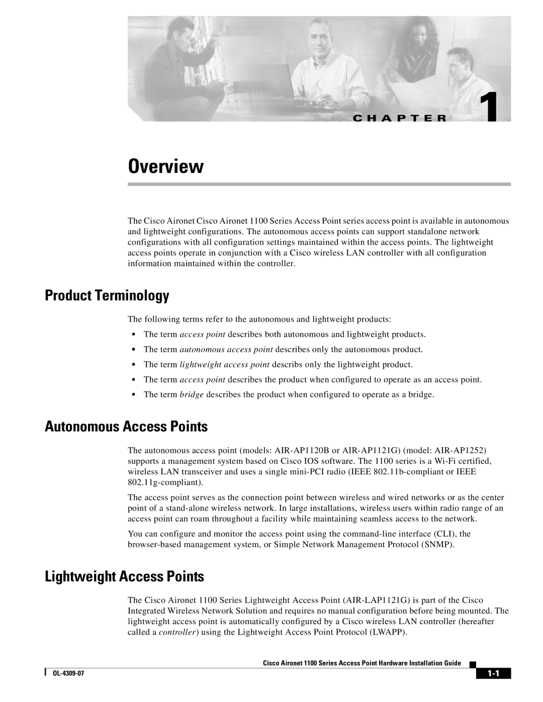 Cisco Systems CSACS1121K9 manual Overview, Product Terminology, Autonomous Access Points, Lightweight Access Points 