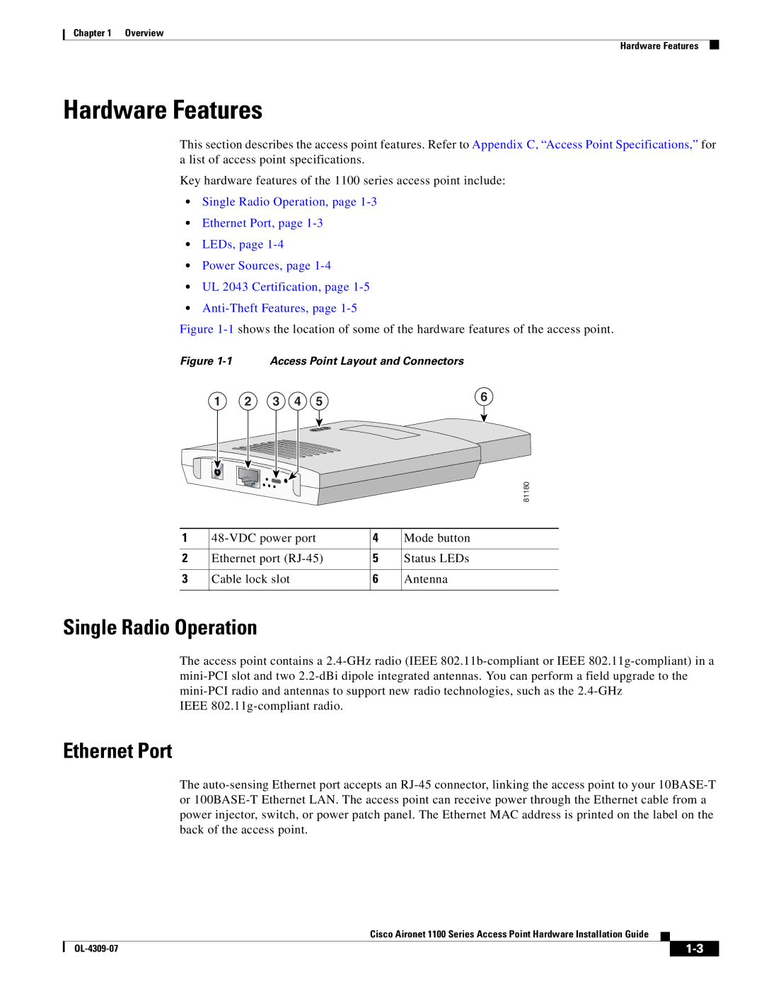 Cisco Systems CSACS1121K9 manual Hardware Features, Single Radio Operation, Ethernet Port 