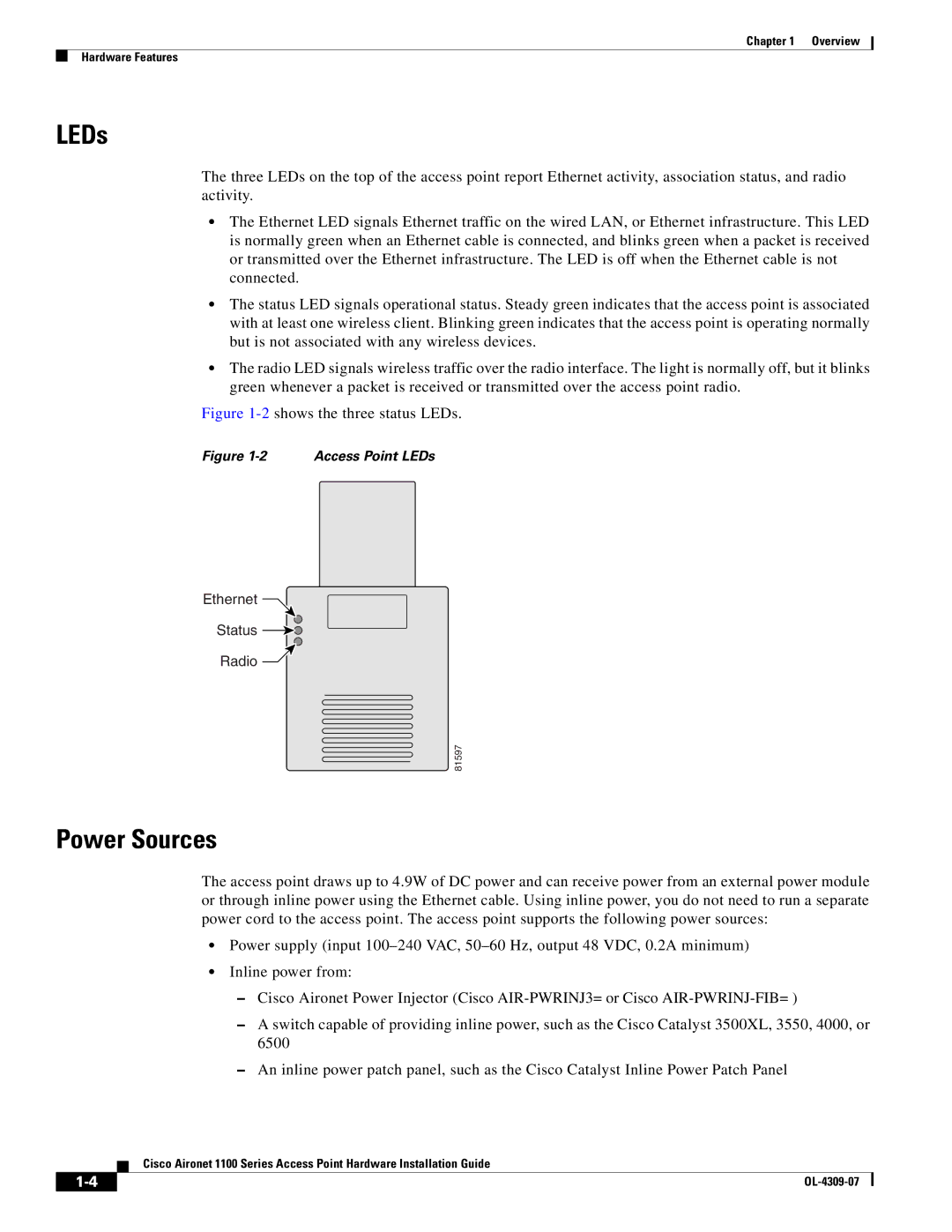 Cisco Systems CSACS1121K9 manual LEDs, Power Sources 