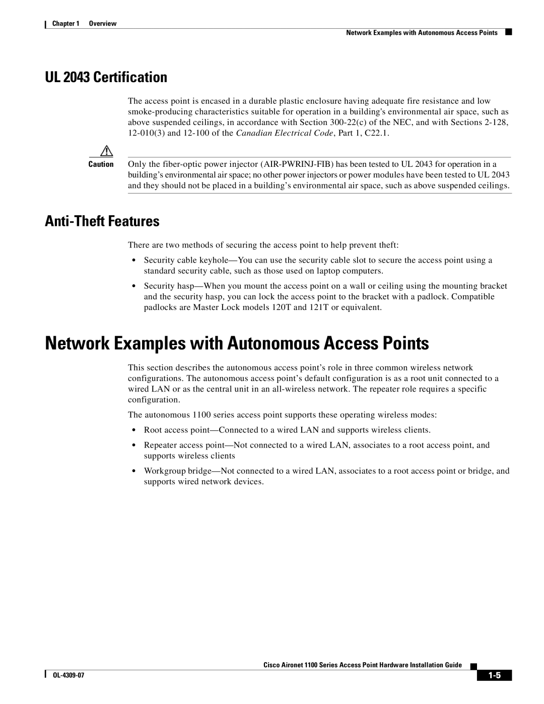 Cisco Systems CSACS1121K9 manual Network Examples with Autonomous Access Points, UL 2043 Certification, Anti-Theft Features 