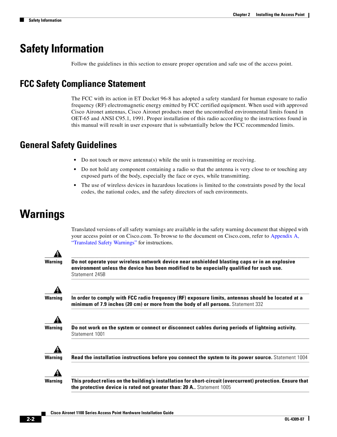 Cisco Systems CSACS1121K9 manual Safety Information, FCC Safety Compliance Statement, General Safety Guidelines 