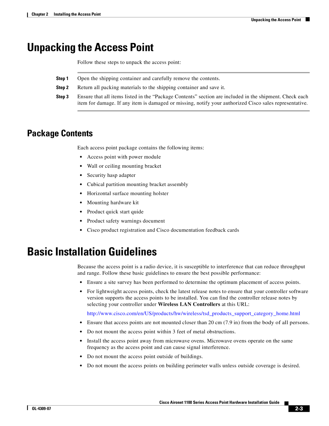 Cisco Systems CSACS1121K9 manual Unpacking the Access Point, Basic Installation Guidelines, Package Contents 