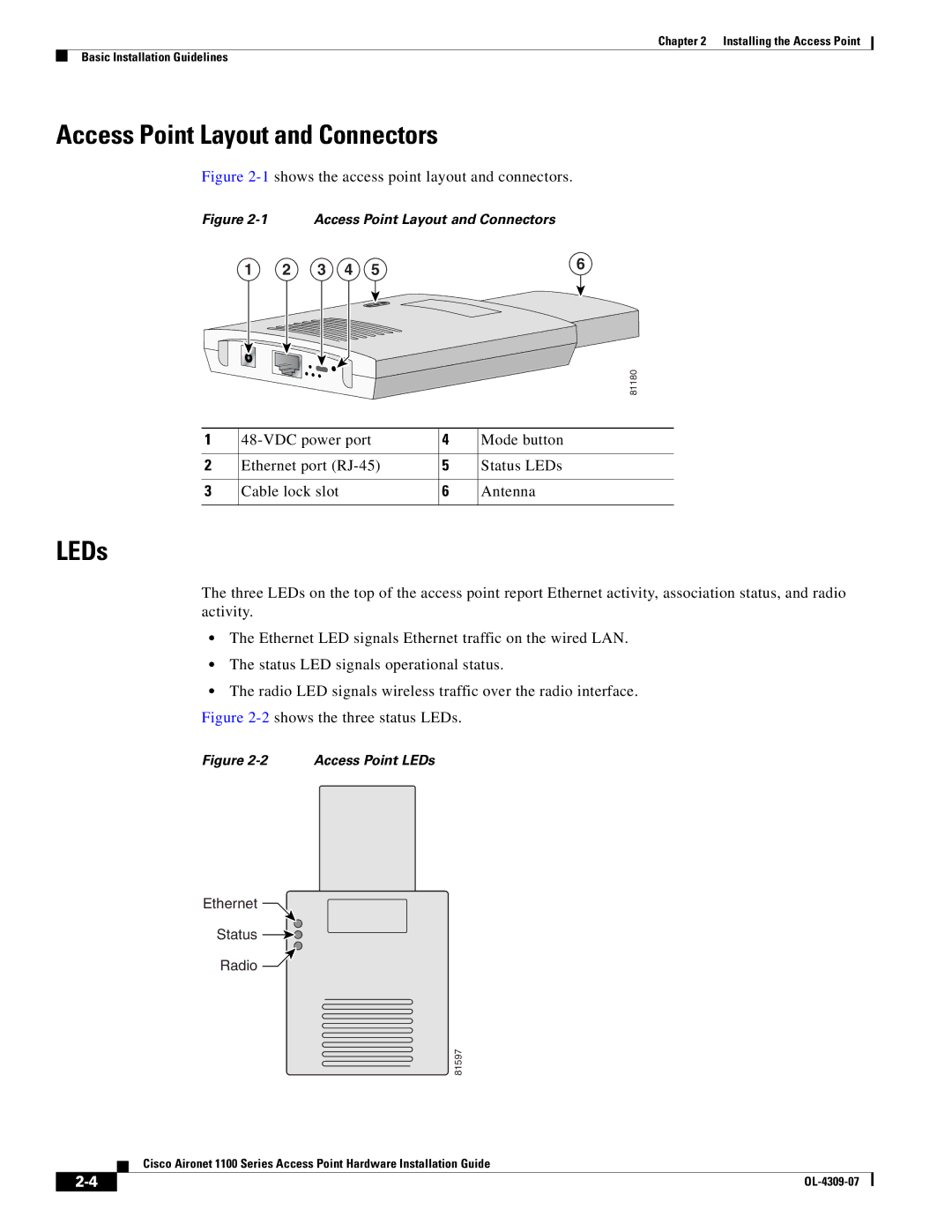 Cisco Systems CSACS1121K9 manual Access Point Layout and Connectors, 1shows the access point layout and connectors 