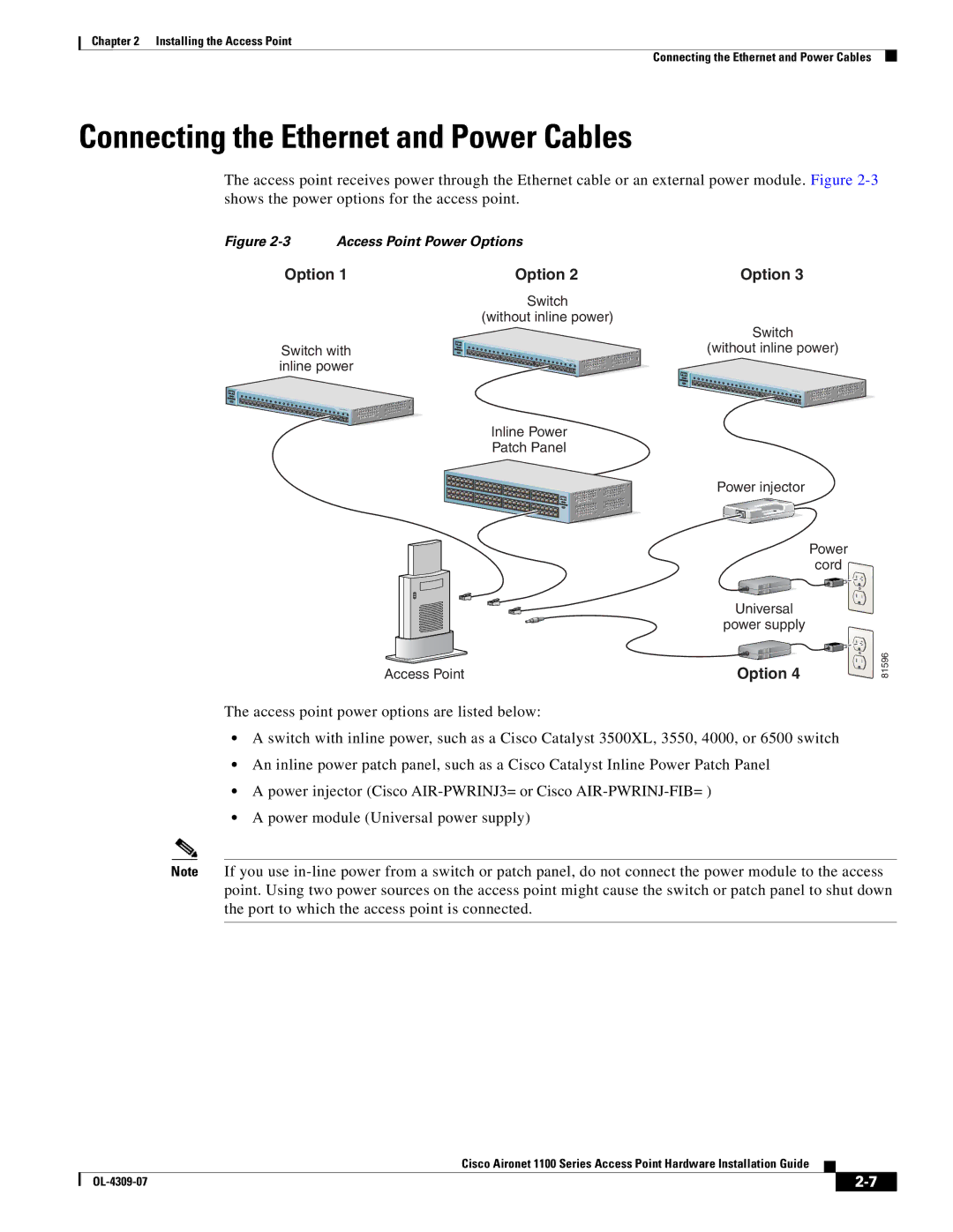 Cisco Systems CSACS1121K9 manual Connecting the Ethernet and Power Cables, Access Point Power Options 