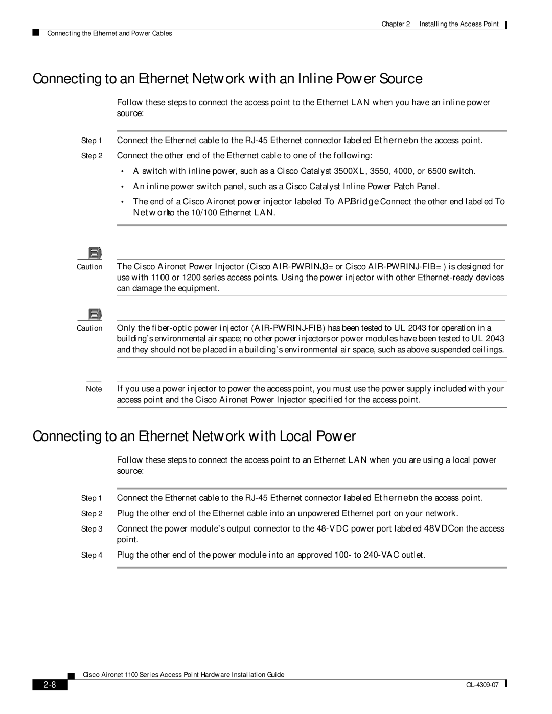 Cisco Systems CSACS1121K9 manual Connecting to an Ethernet Network with Local Power 