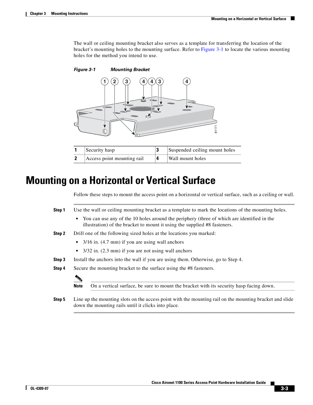 Cisco Systems CSACS1121K9 manual Mounting on a Horizontal or Vertical Surface, Mounting Bracket 