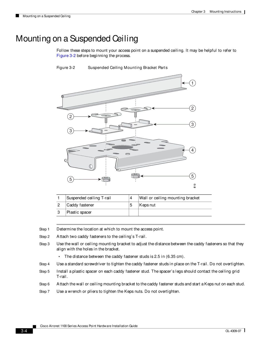 Cisco Systems CSACS1121K9 manual Mounting on a Suspended Ceiling, Suspended Ceiling Mounting Bracket Parts 