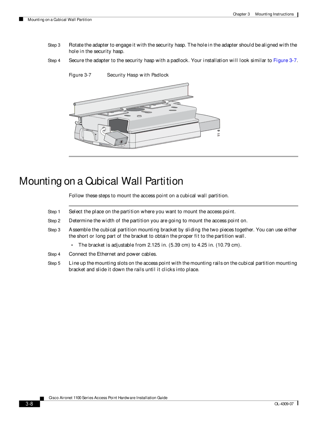 Cisco Systems CSACS1121K9 manual Mounting on a Cubical Wall Partition, Security Hasp with Padlock 