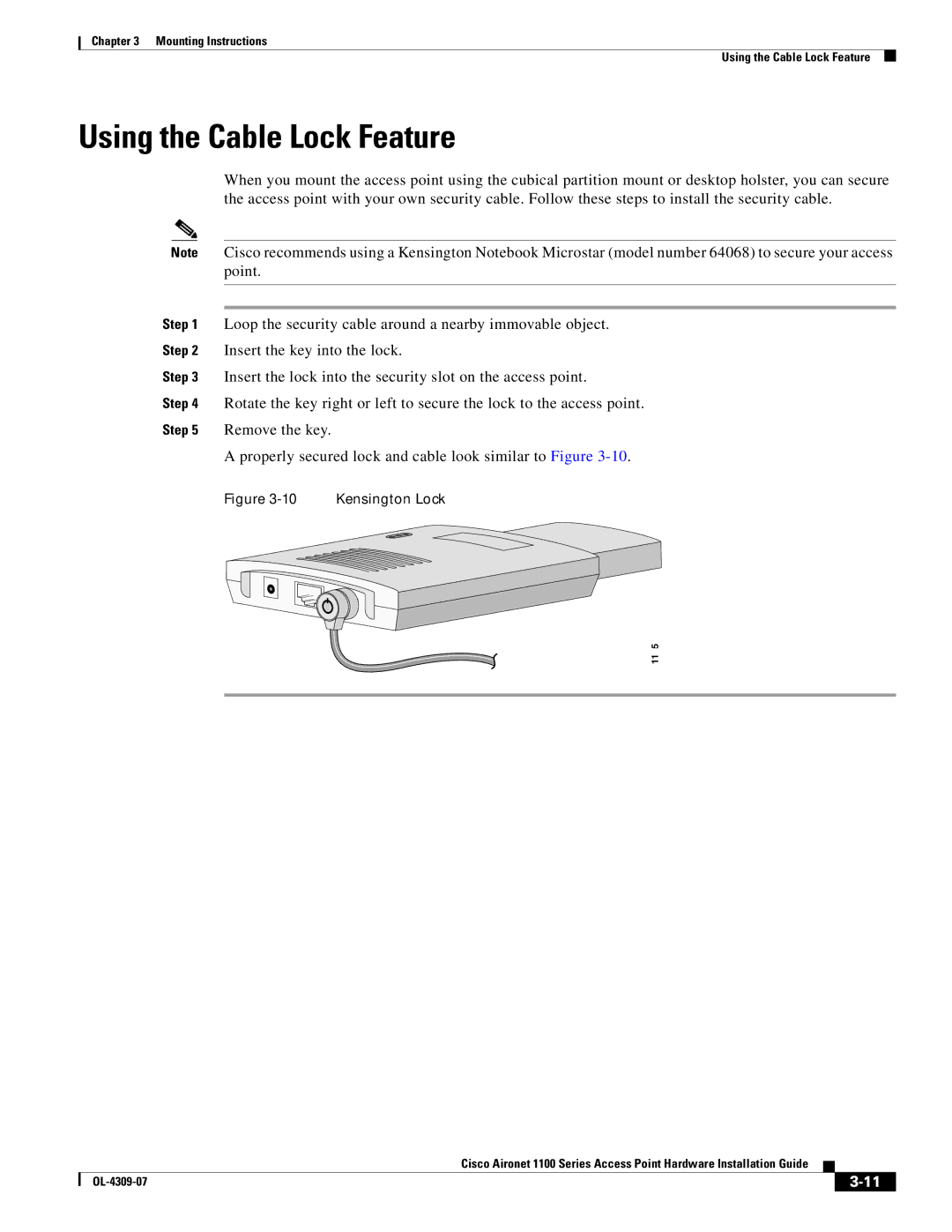 Cisco Systems CSACS1121K9 manual Using the Cable Lock Feature, Kensington Lock 