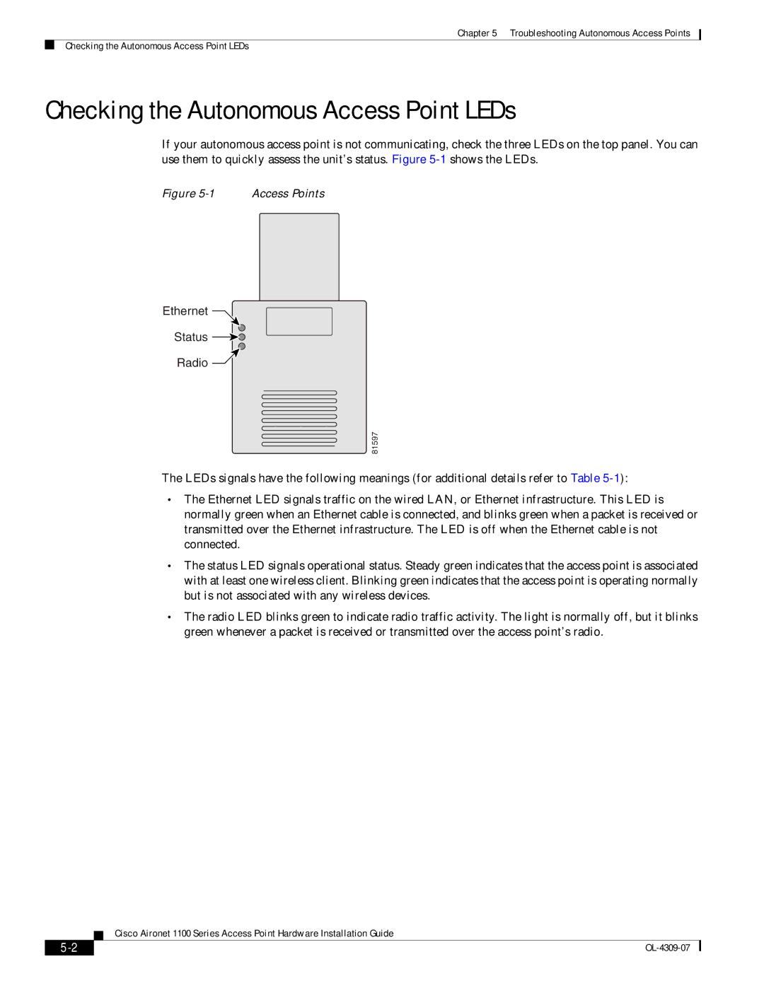 Cisco Systems CSACS1121K9 manual Checking the Autonomous Access Point LEDs, Ethernet Status Radio 