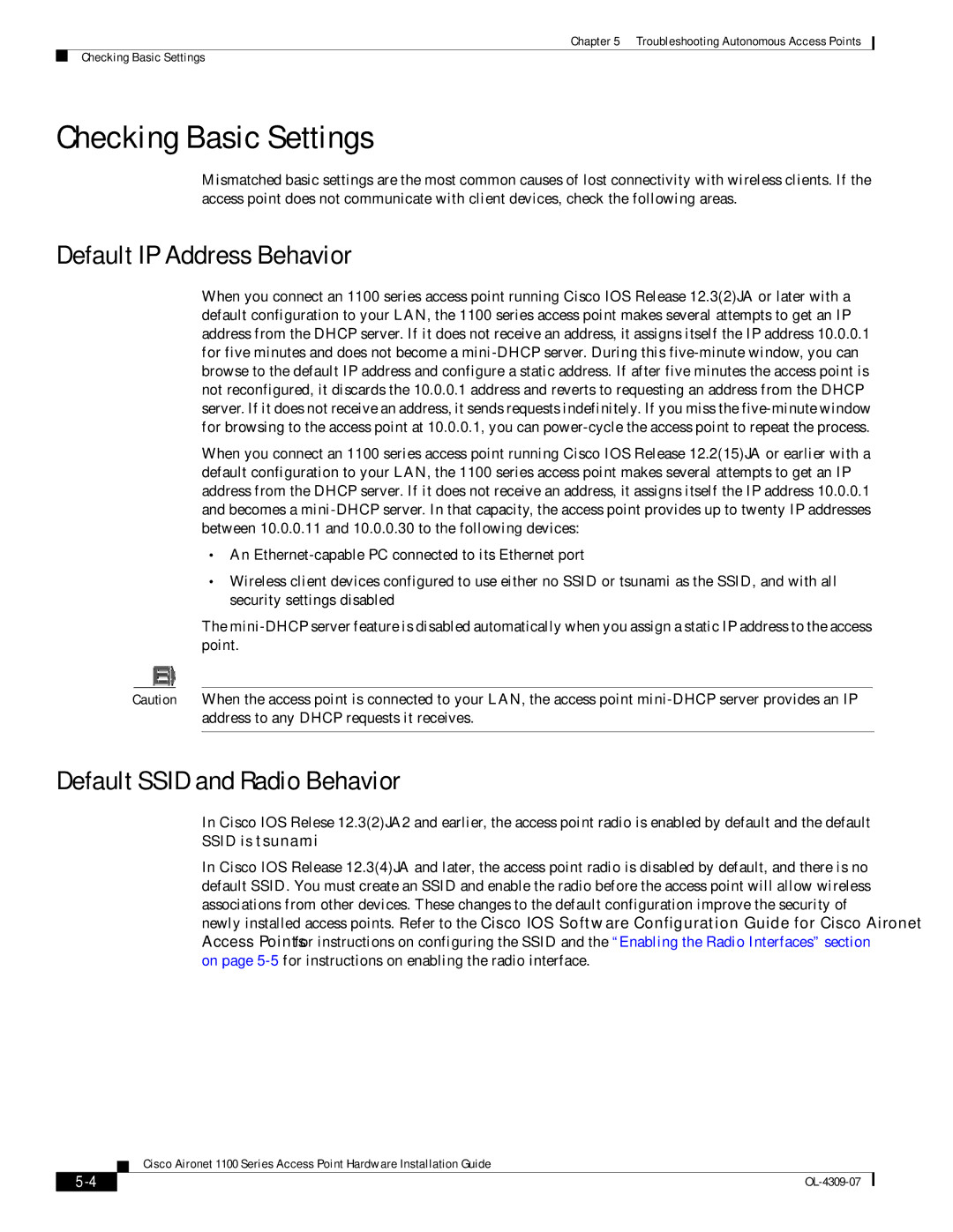 Cisco Systems CSACS1121K9 manual Checking Basic Settings, Default IP Address Behavior, Default Ssid and Radio Behavior 