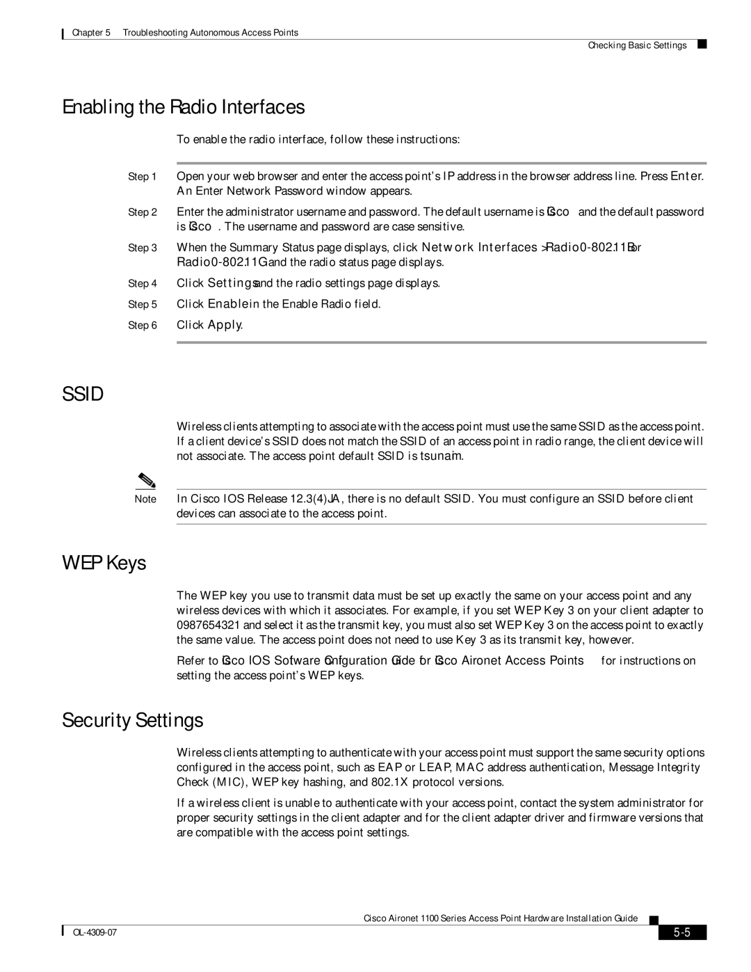 Cisco Systems CSACS1121K9 manual Enabling the Radio Interfaces, WEP Keys, Security Settings 