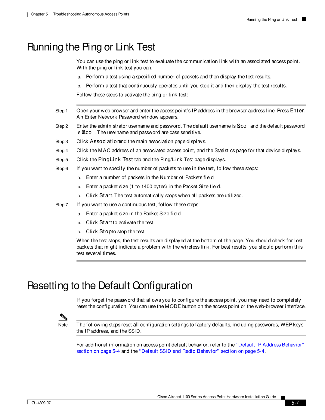 Cisco Systems CSACS1121K9 manual Running the Ping or Link Test, Resetting to the Default Configuration 