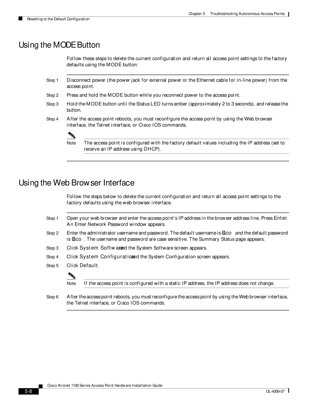 Cisco Systems CSACS1121K9 manual Using the Mode Button, Using the Web Browser Interface 