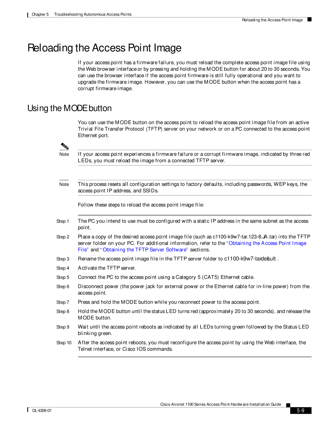 Cisco Systems CSACS1121K9 manual Reloading the Access Point Image 