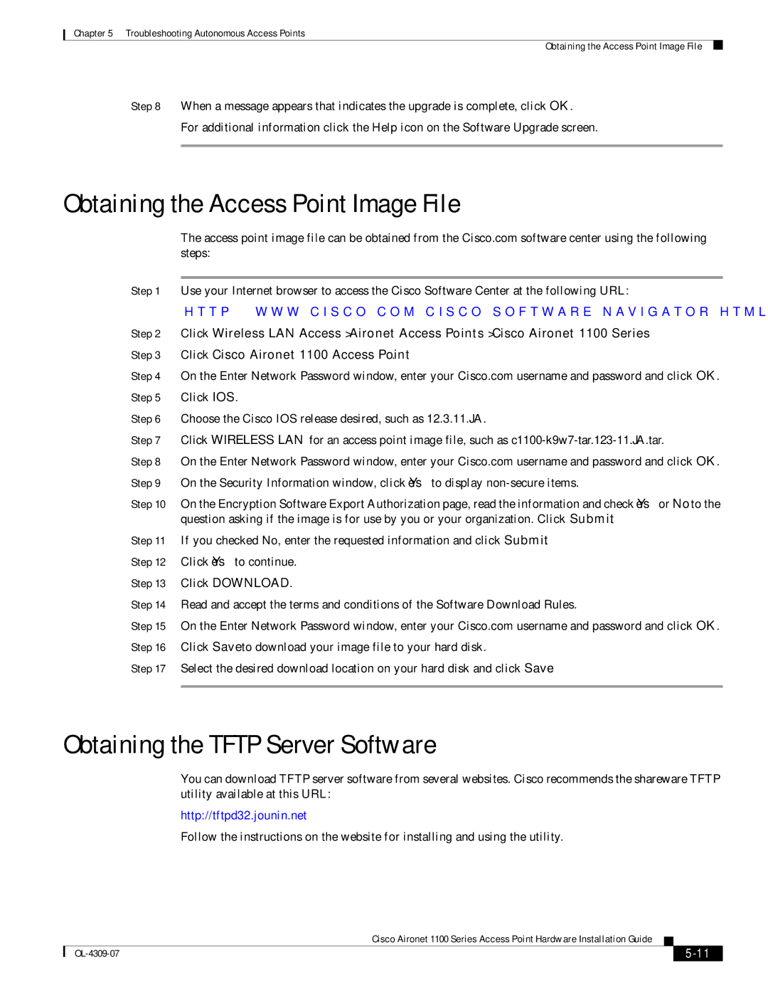 Cisco Systems CSACS1121K9 manual Obtaining the Access Point Image File, Obtaining the Tftp Server Software 