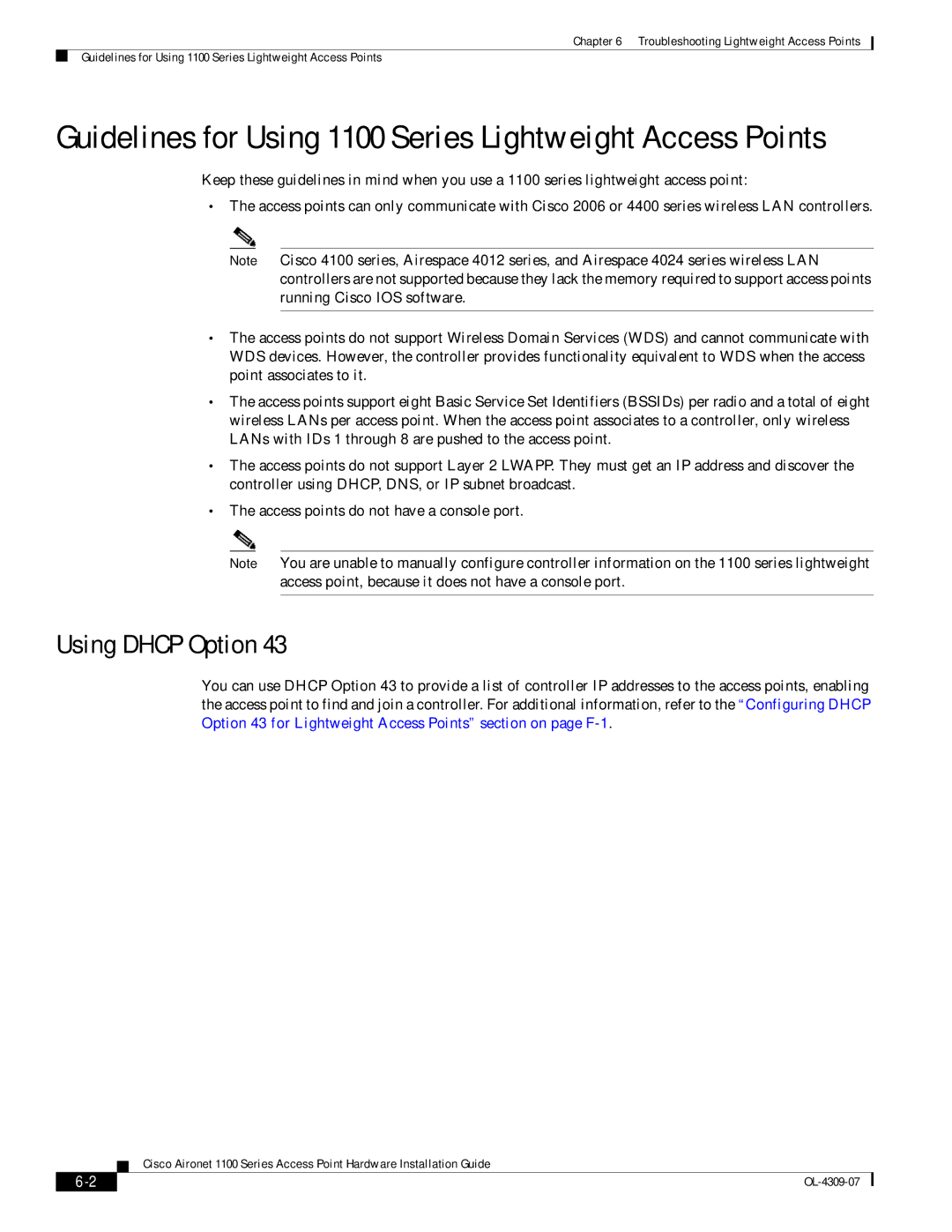 Cisco Systems CSACS1121K9 manual Guidelines for Using 1100 Series Lightweight Access Points, Using Dhcp Option 