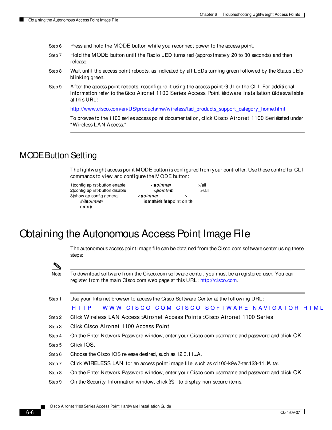 Cisco Systems CSACS1121K9 manual Obtaining the Autonomous Access Point Image File, Mode Button Setting 