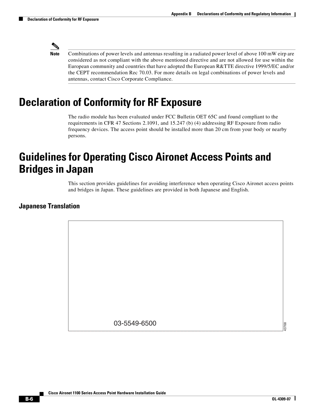 Cisco Systems CSACS1121K9 manual Declaration of Conformity for RF Exposure, Japanese Translation 