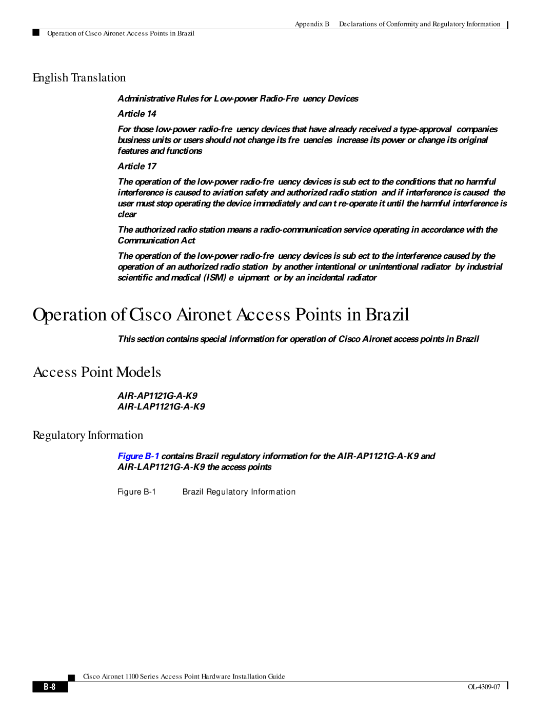 Cisco Systems CSACS1121K9 manual Operation of Cisco Aironet Access Points in Brazil, Access Point Models 