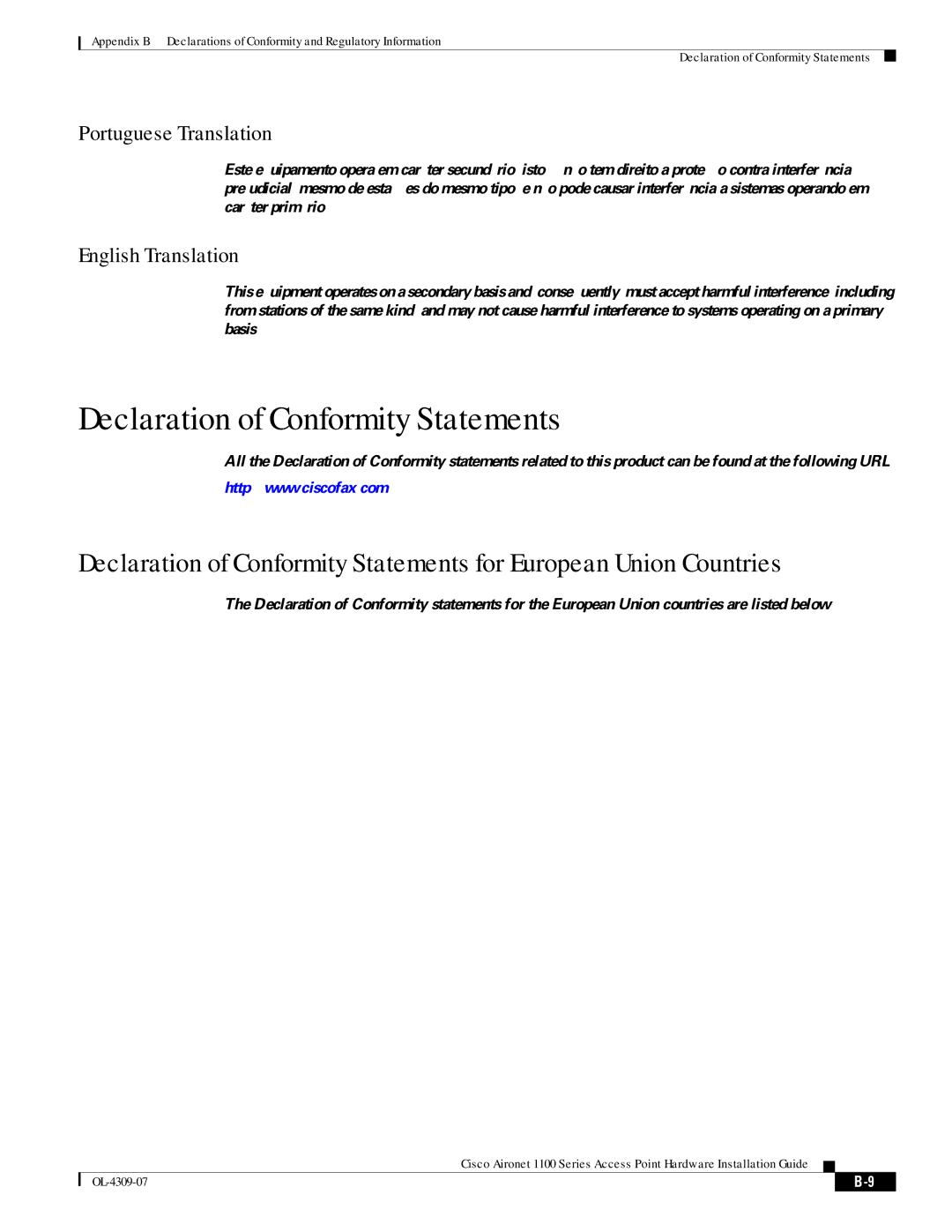 Cisco Systems CSACS1121K9 manual Declaration of Conformity Statements, Portuguese Translation 