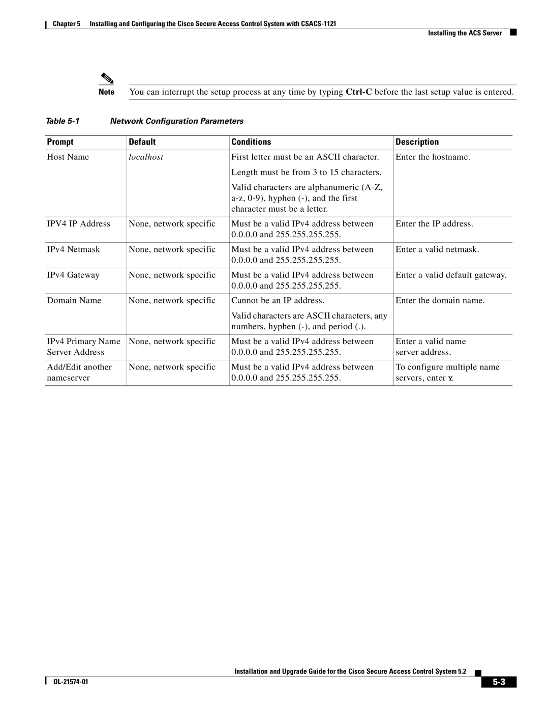 Cisco Systems CSACS1121UPK9 manual Prompt Default Conditions Description, Localhost 