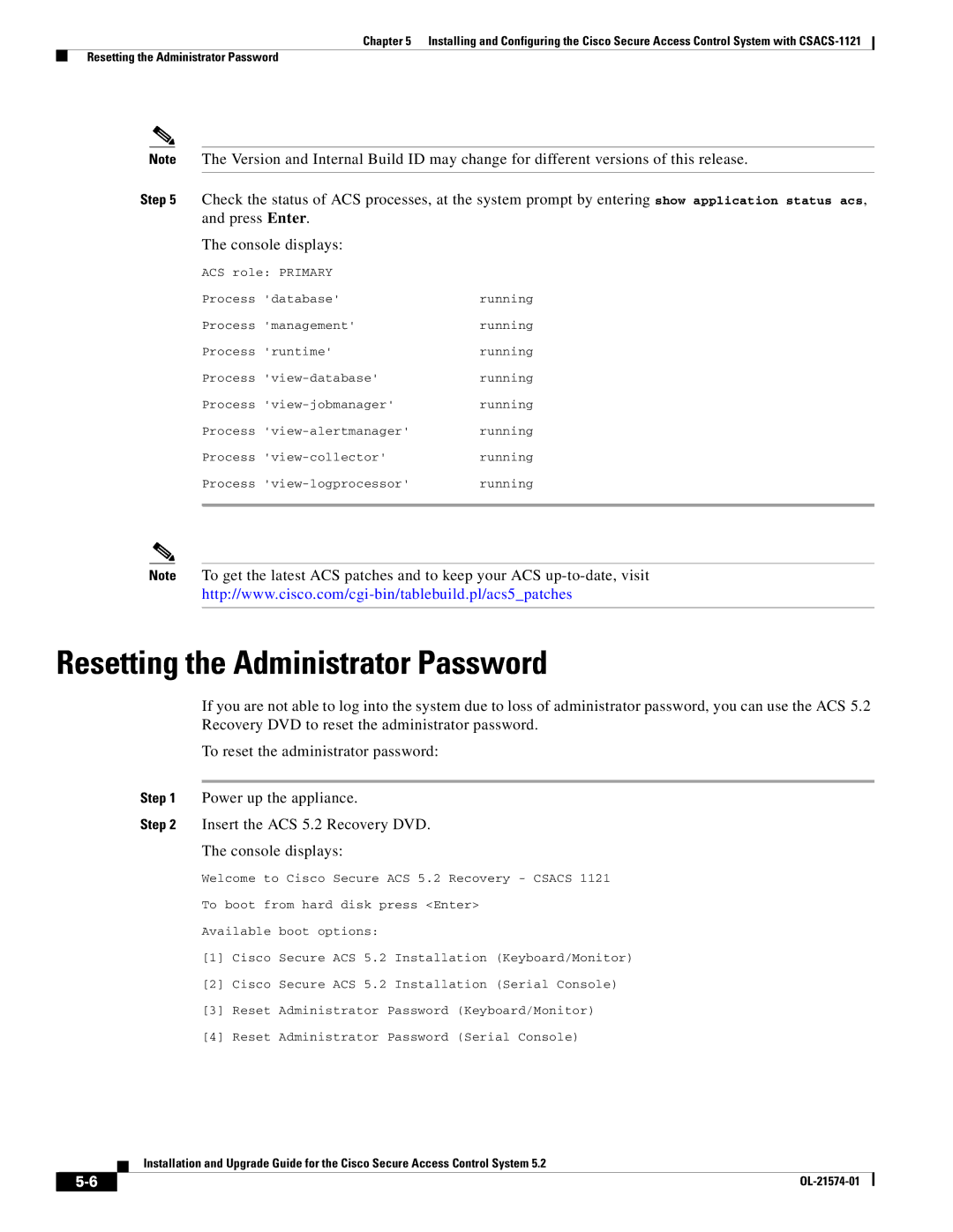 Cisco Systems CSACS1121UPK9 manual Resetting the Administrator Password 