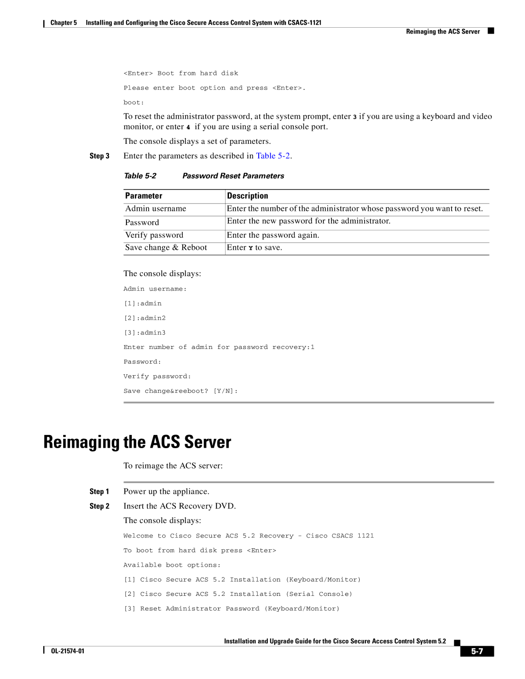 Cisco Systems CSACS1121UPK9 manual Reimaging the ACS Server, Parameter Description 