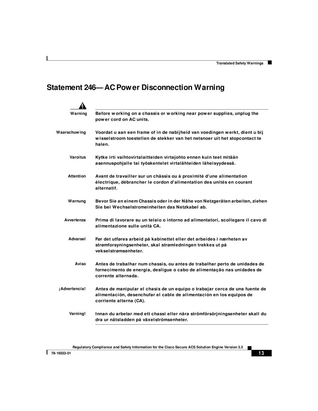 Cisco Systems CSACSE-1112-K9 manual Statement 246-AC Power Disconnection Warning 