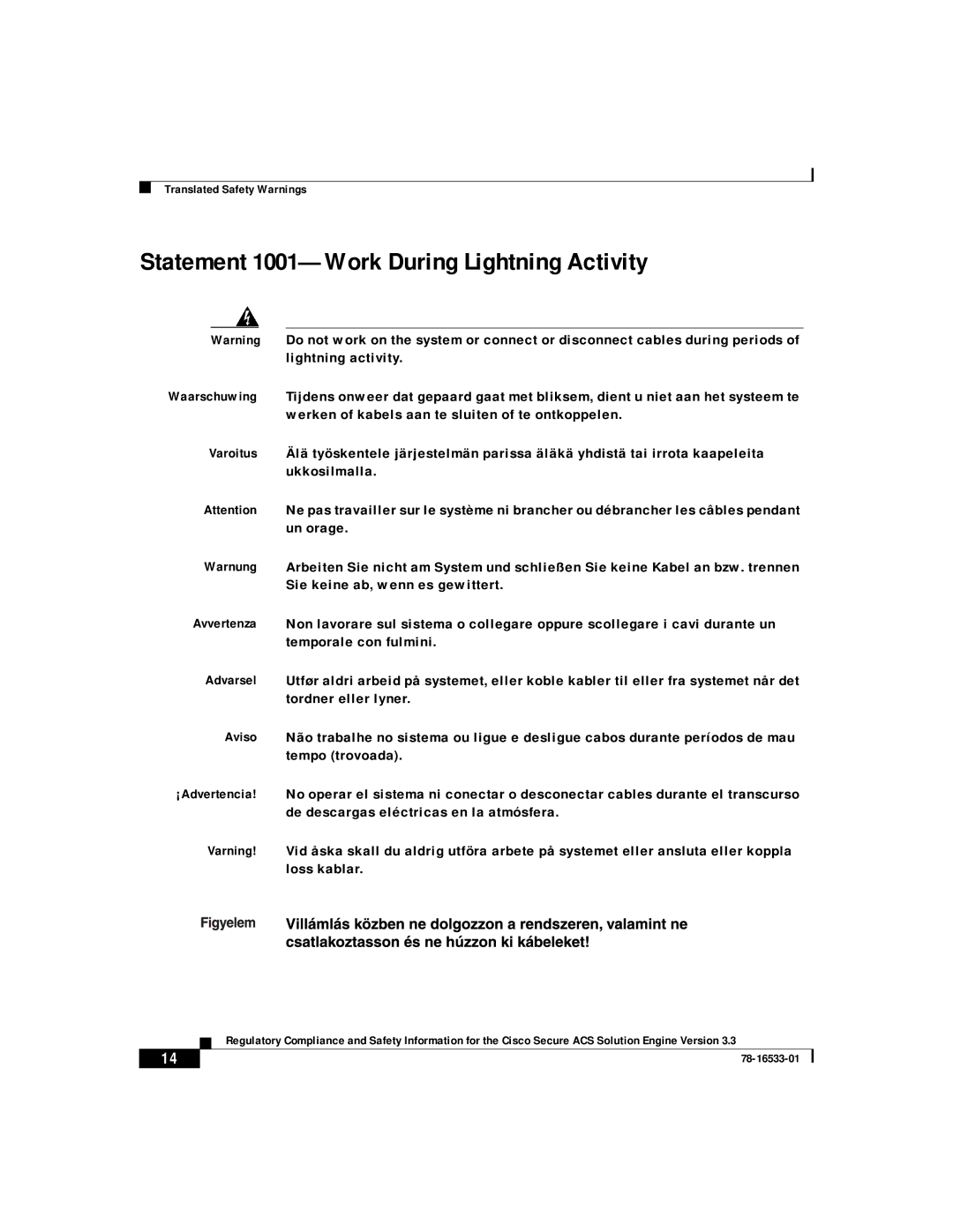 Cisco Systems CSACSE-1112-K9 manual Statement 1001-Work During Lightning Activity 