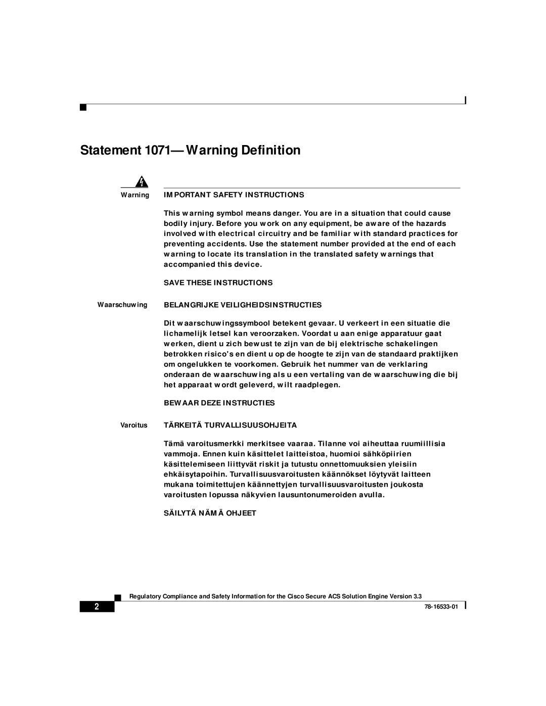 Cisco Systems CSACSE-1112-K9 manual Statement 1071-Warning Definition, Bewaar Deze Instructies 