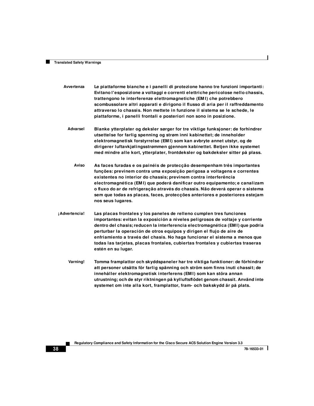 Cisco Systems CSACSE-1112-K9 manual Translated Safety Warnings 