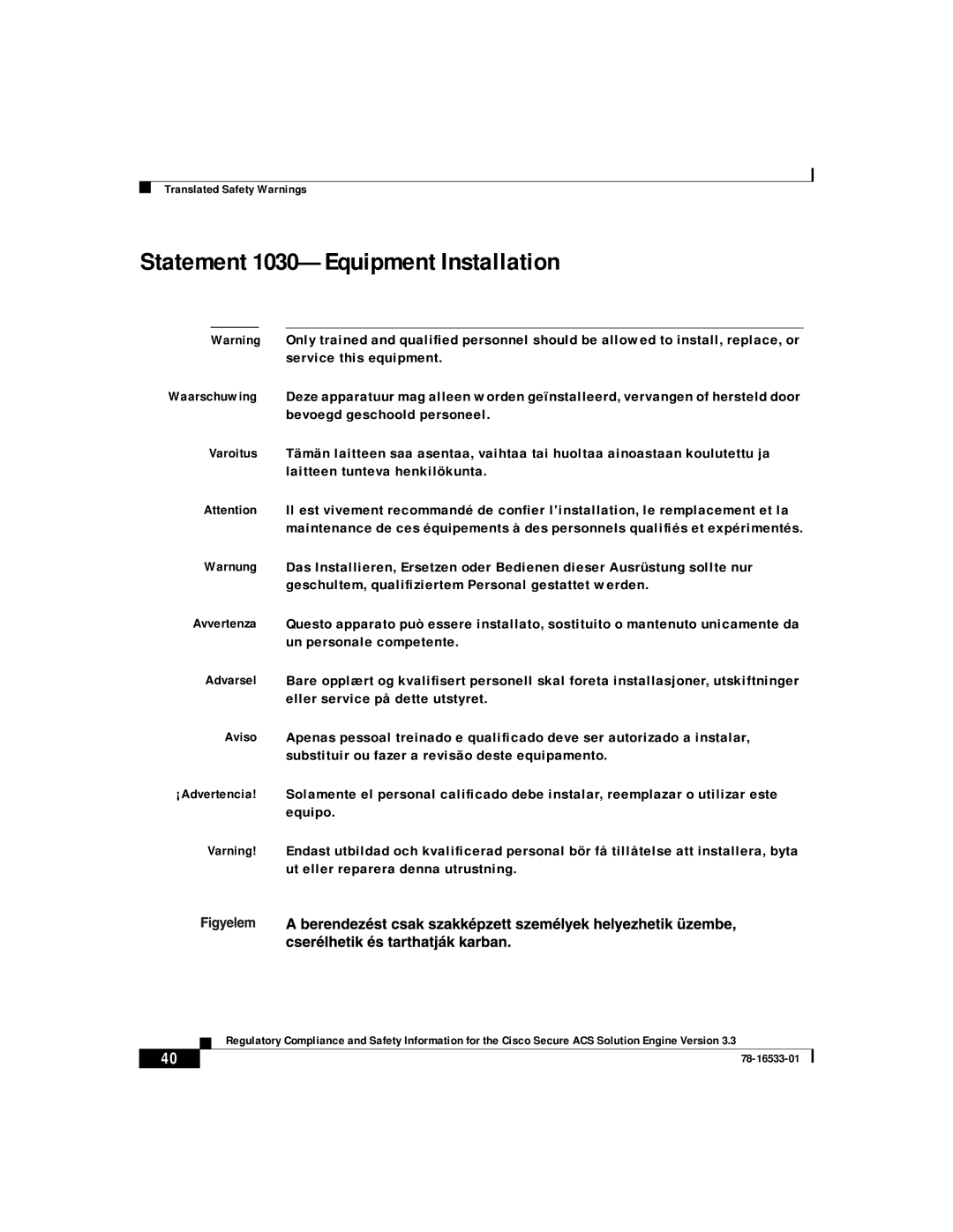 Cisco Systems CSACSE-1112-K9 manual Statement 1030-Equipment Installation 