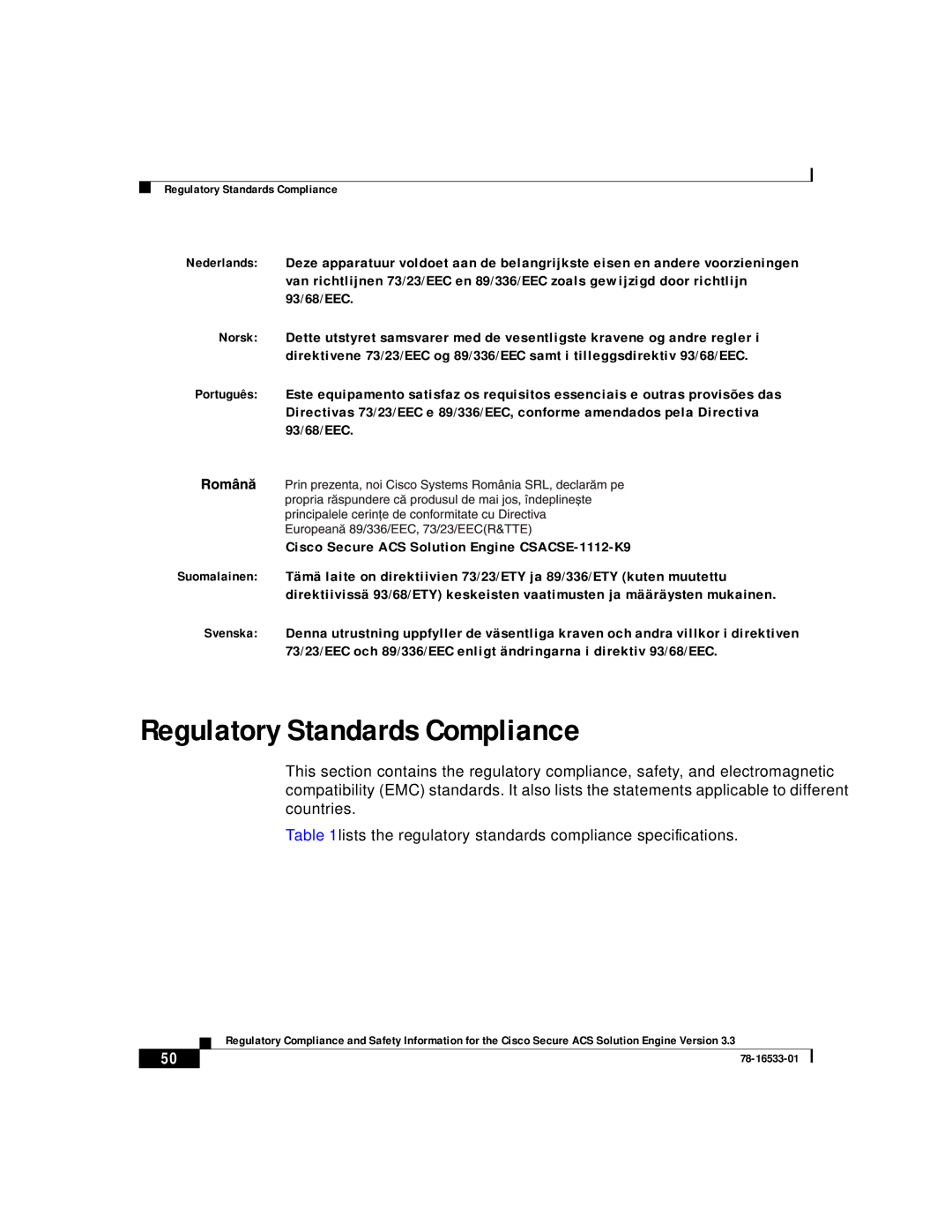 Cisco Systems CSACSE-1112-K9 manual Regulatory Standards Compliance 