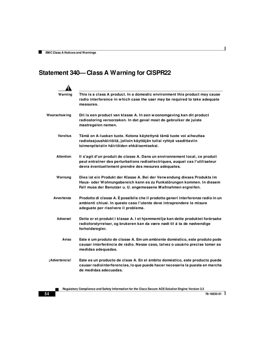 Cisco Systems CSACSE-1112-K9 manual Statement 340-Class a Warning for CISPR22 