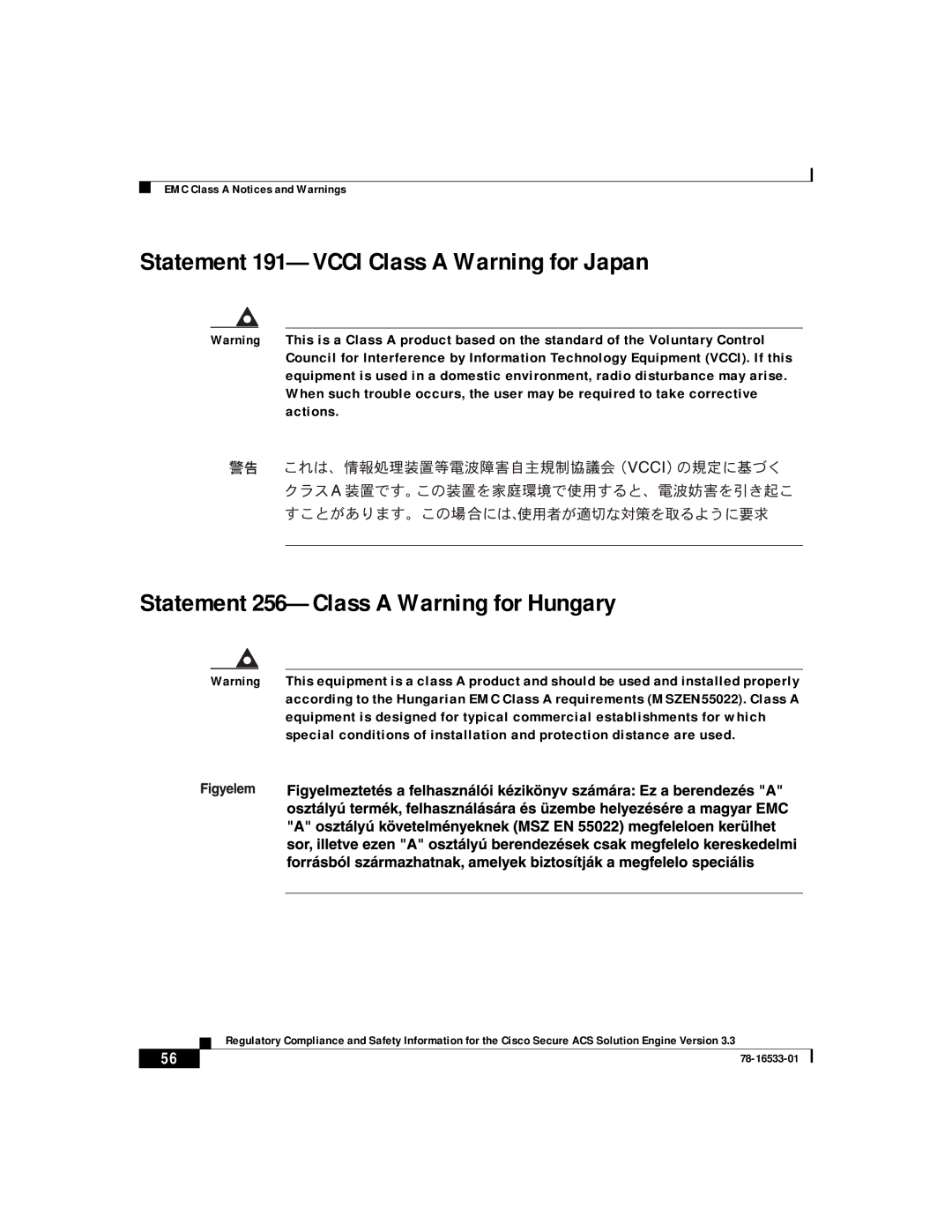 Cisco Systems CSACSE-1112-K9 manual EMC Class a Notices and Warnings 