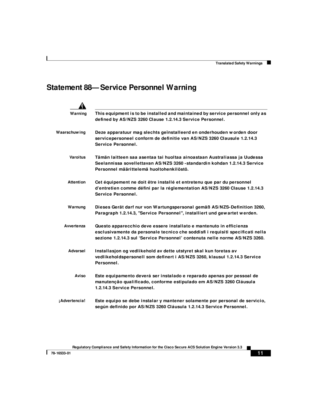 Cisco Systems CSACSE-1112-K9 manual Statement 88-Service Personnel Warning 