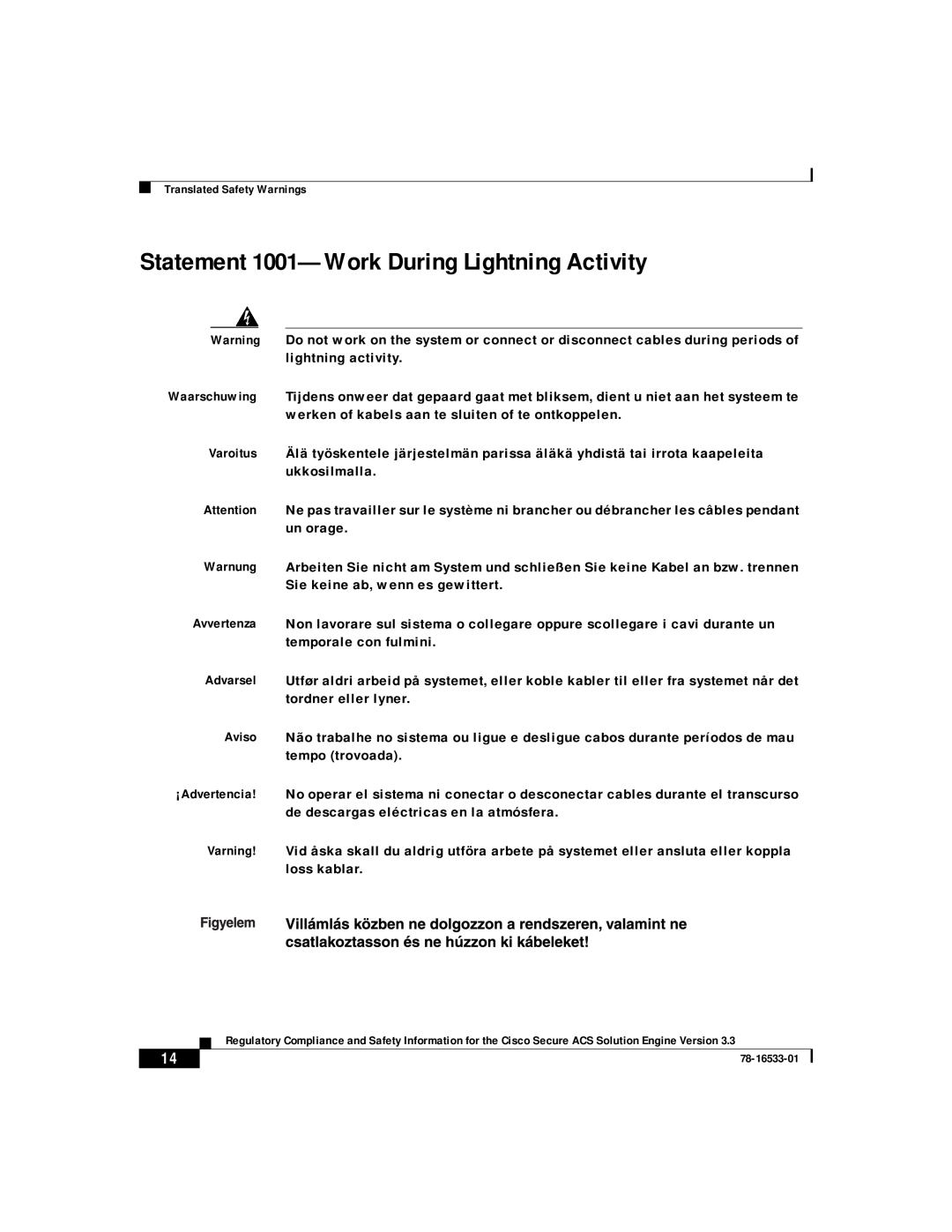 Cisco Systems CSACSE-1112-K9 manual Statement 1001-Work During Lightning Activity 