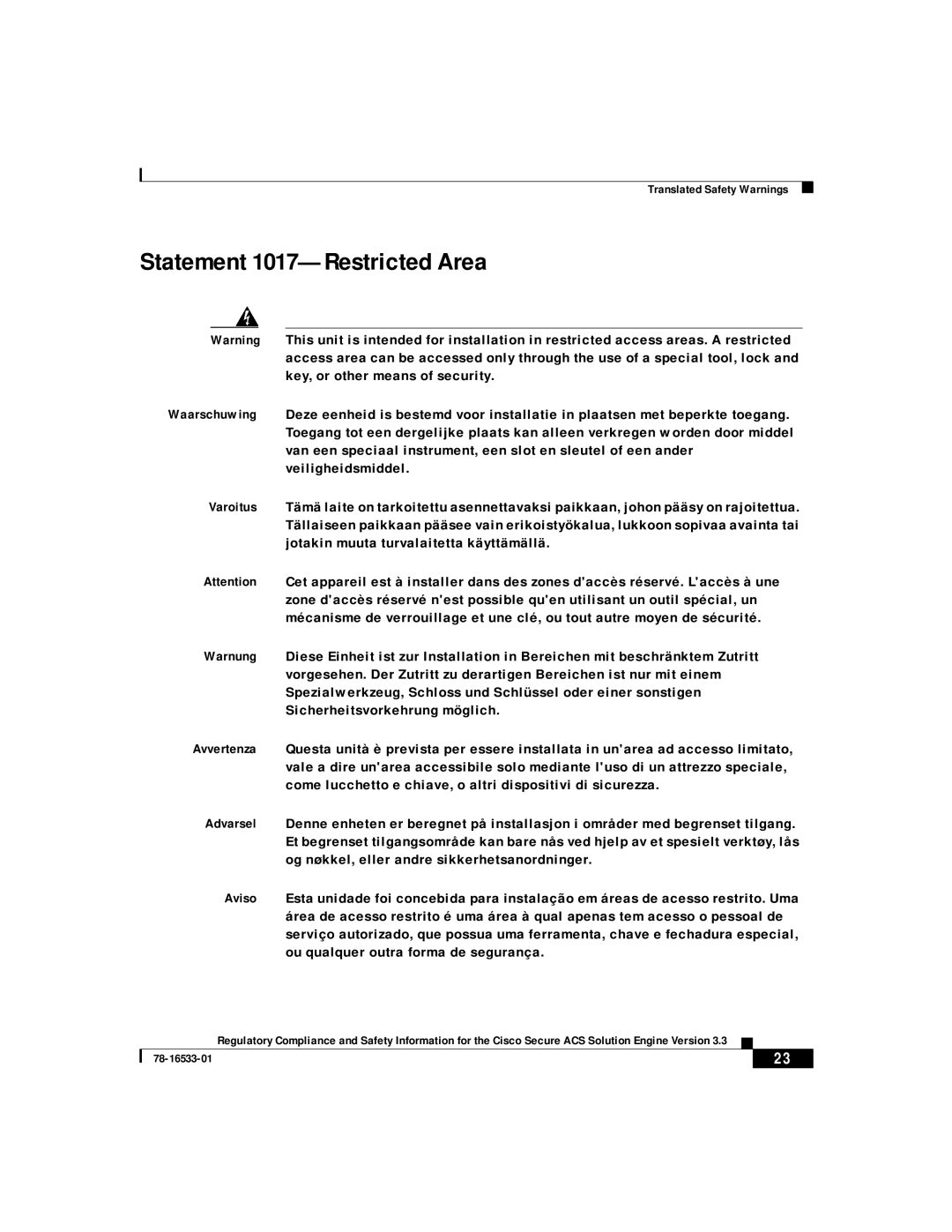 Cisco Systems CSACSE-1112-K9 manual Statement 1017-Restricted Area 