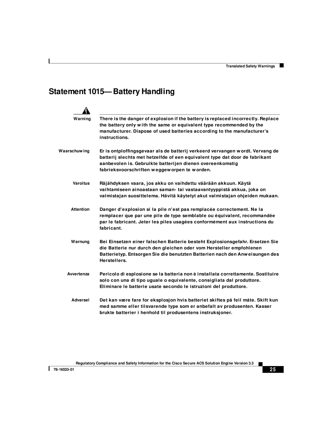 Cisco Systems CSACSE-1112-K9 manual Statement 1015-Battery Handling 