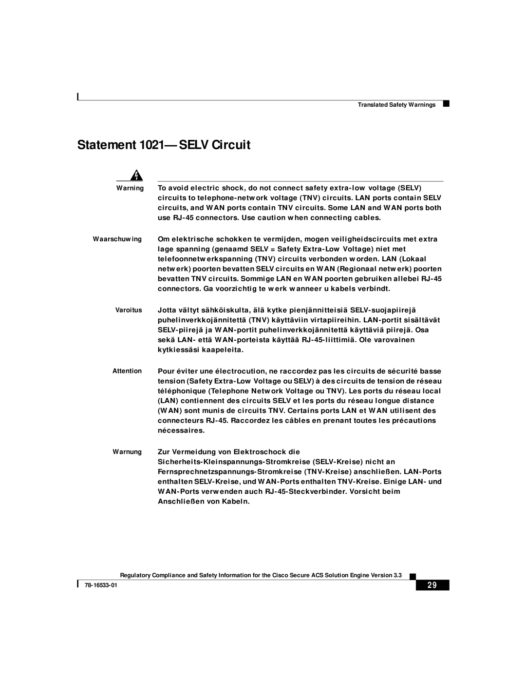 Cisco Systems CSACSE-1112-K9 manual Statement 1021-SELV Circuit 